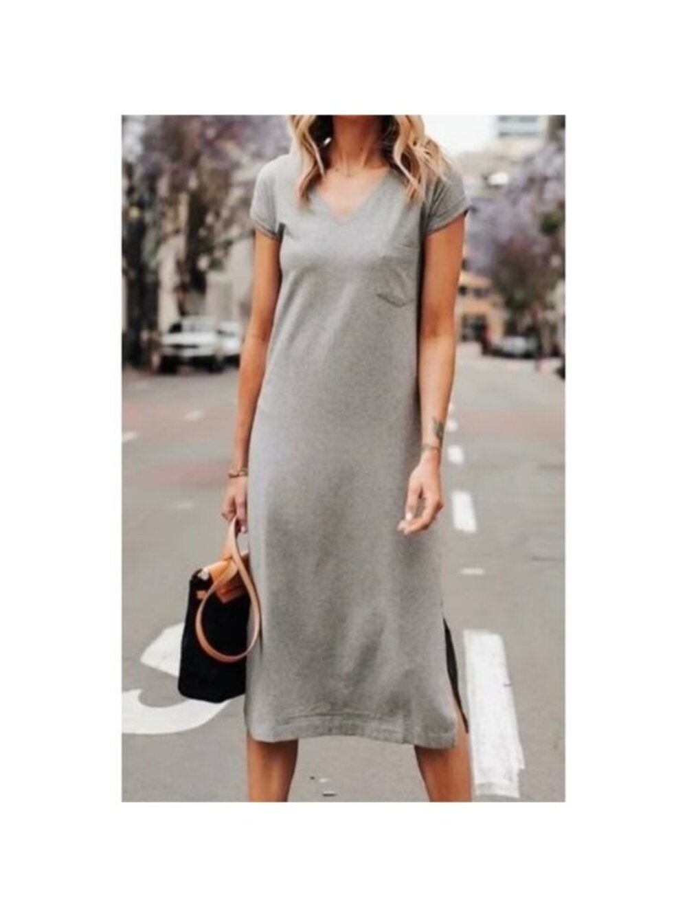 Cuyana Heather Gray Vneck Short Sleeve Midi Tshirt Dress Womens Size Small